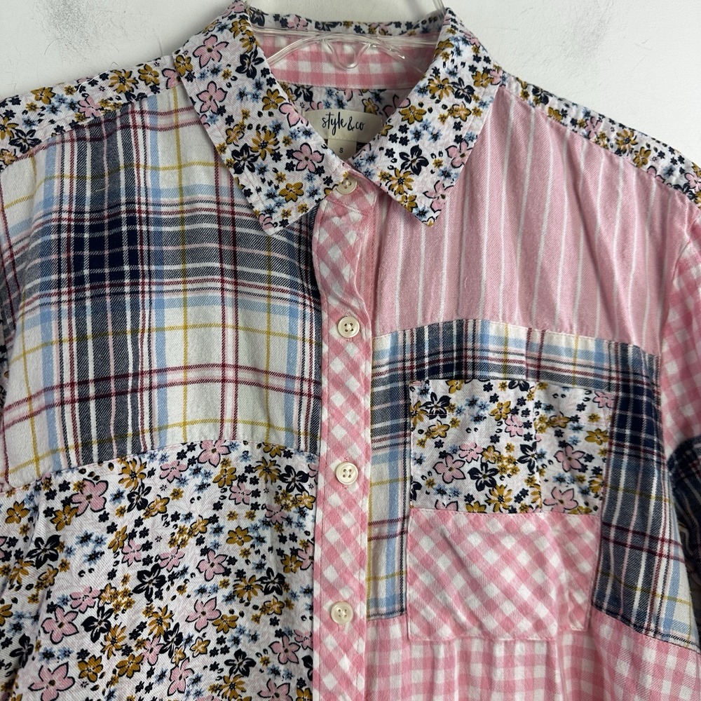 Style & Co Button up Shirt S Pink Patchwork floral check Plaid Cottage Chic